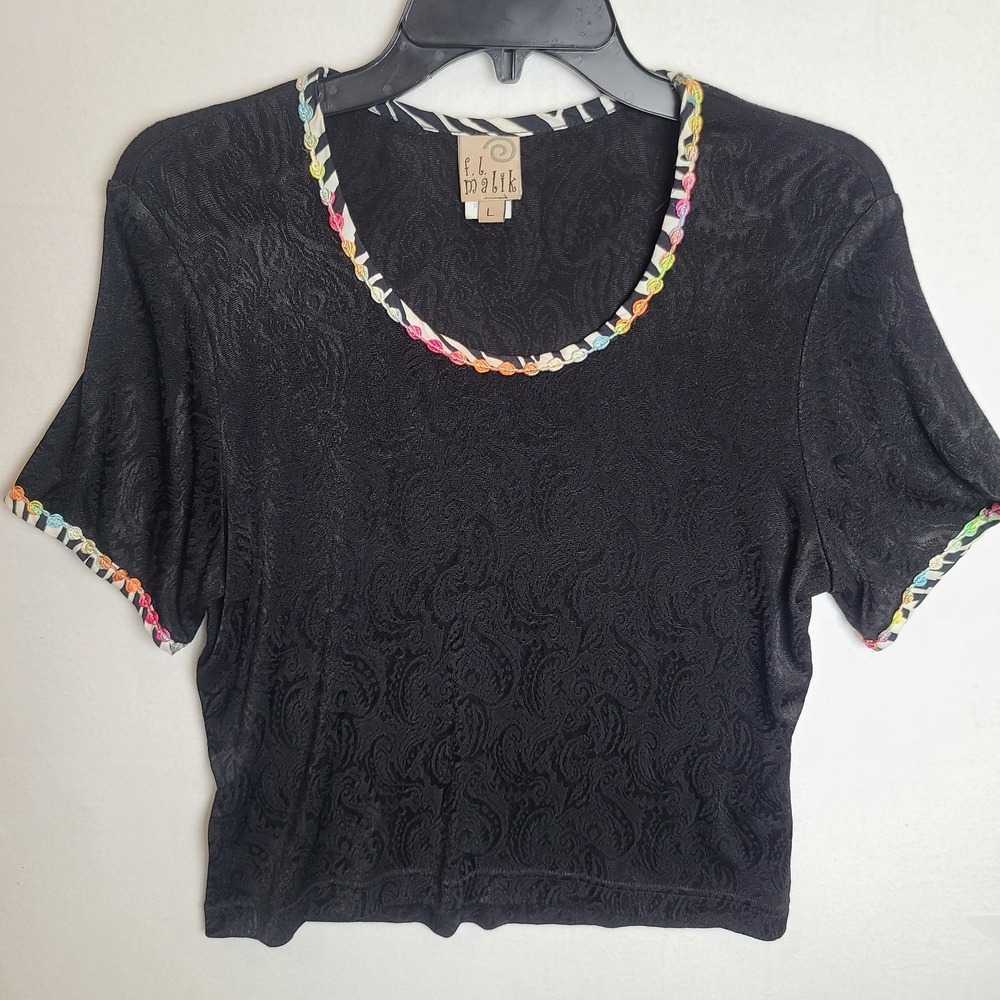 f.l.malik black short sleeve embellished neck knit top Size L See Measurements